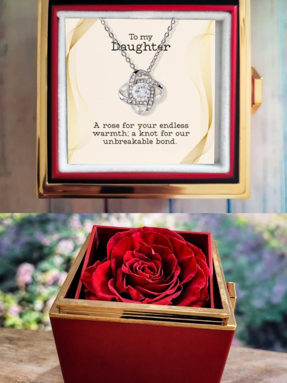 To My Daughter - Love Knot Necklace - Rotating Preserved Rose Gift Box